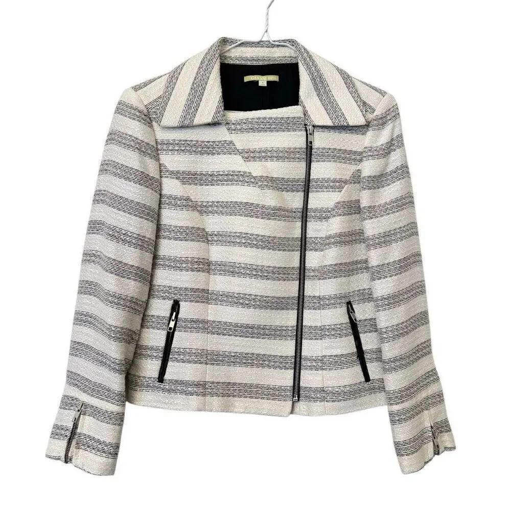 Gianni Bini Striped Metallic Tweed Cropped Moto Jacket Blazer Black Cream Size 8